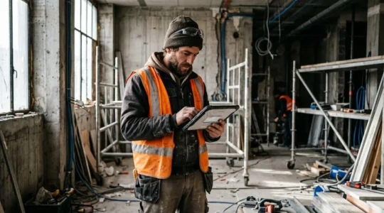 Artisan électricien consultant une tablette tactile sur un chantier de rénovation, murs en béton brut et installations techniques visibles en arrière-plan