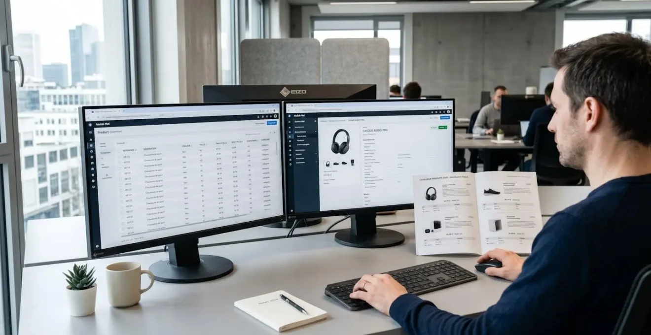 Deux écrans d'ordinateur affichant une interface de gestion de données produits PIM avec tableaux structurés, à côté d'un catalogue imprimé ouvert, dans un bureau contemporain avec éclairage naturel