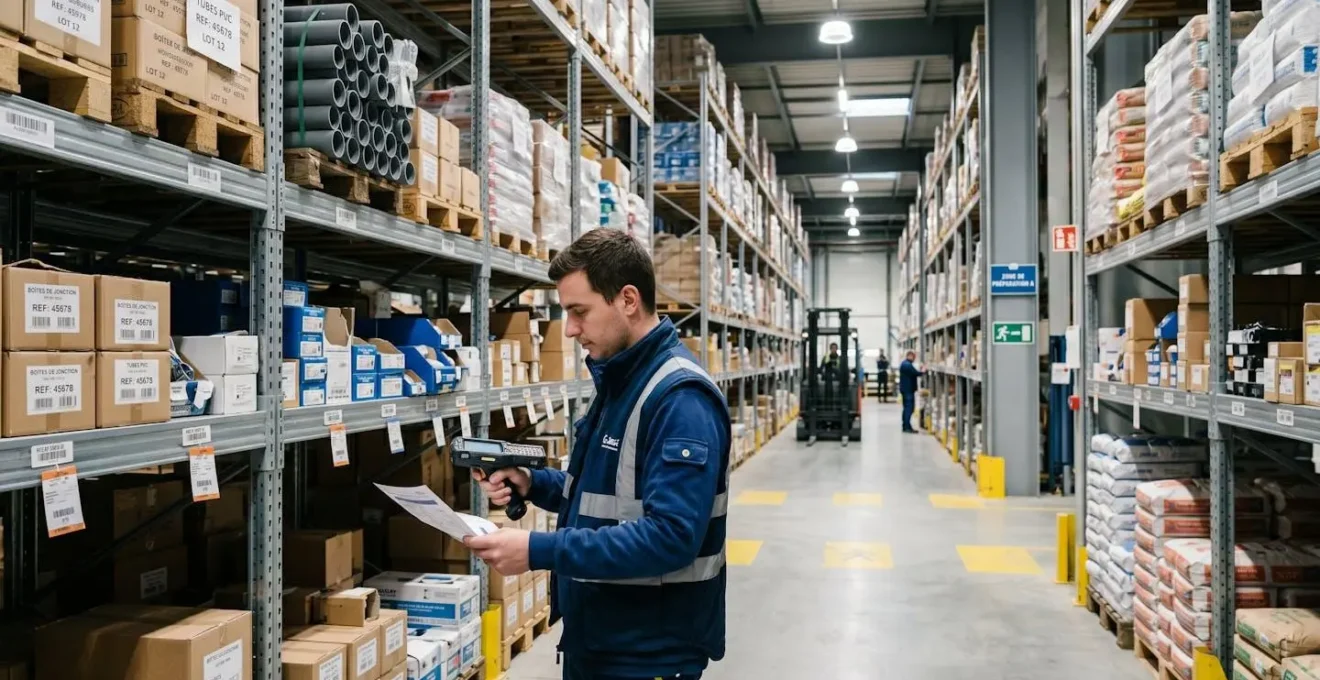 Entrepôt moderne de distribution avec étagères métalliques chargées de produits, préparateur de commande tenant un terminal mobile scanner pour consulter une référence produit