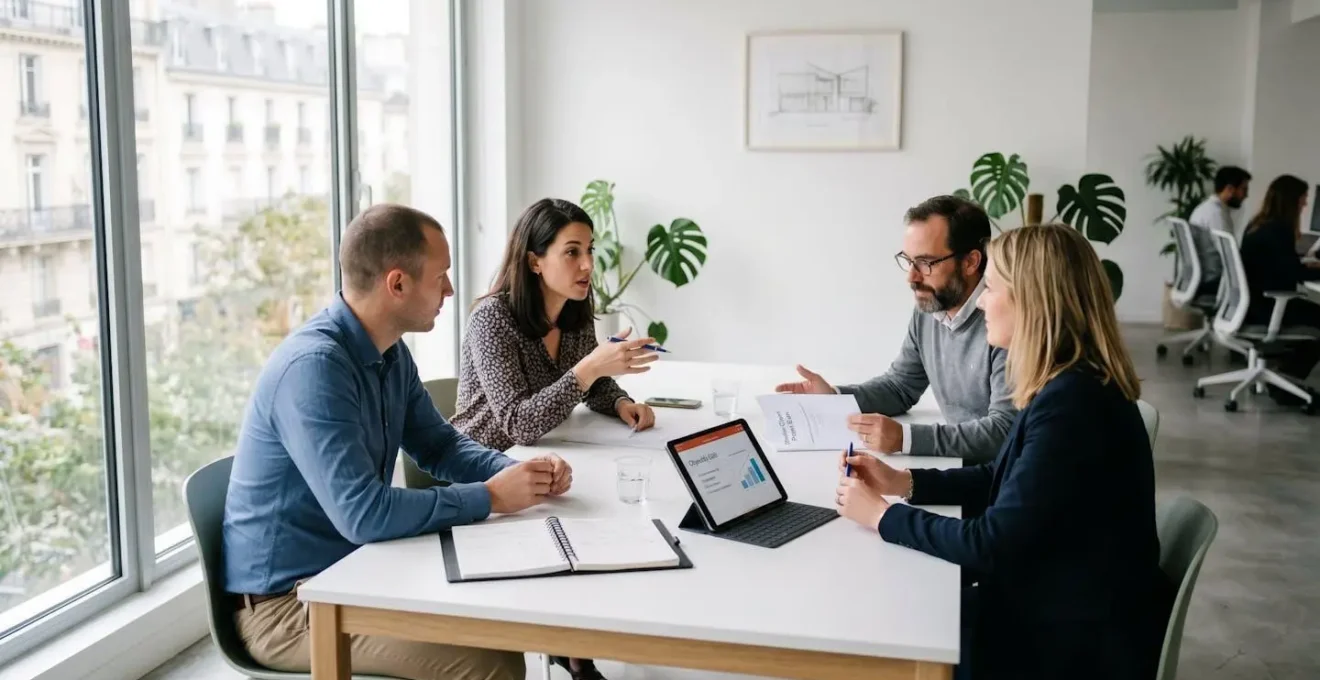 Réunion de travail restreinte autour d'une table moderne avec documents et tablette, discussion collaborative en lumière naturelle dans un bureau contemporain